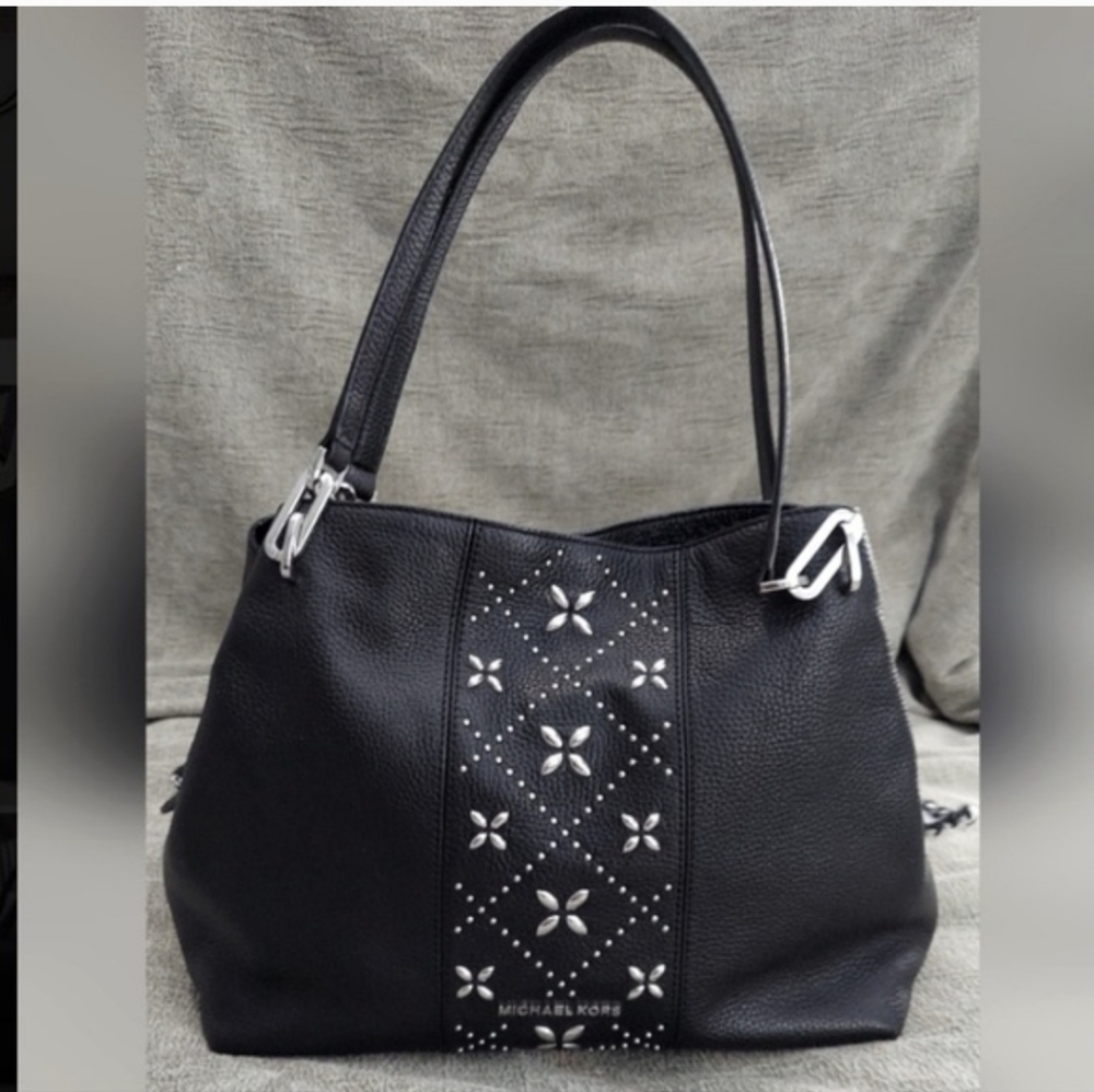 Michael Kors Leighton Black Shoulder Bag with Silver Accents